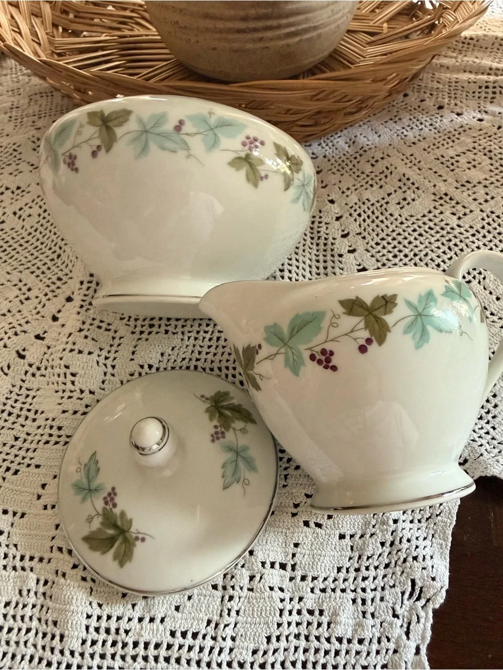 Vintage Fine China of Japan Grapevine Sugar Bowl & Creamer Set 6701 Platinum